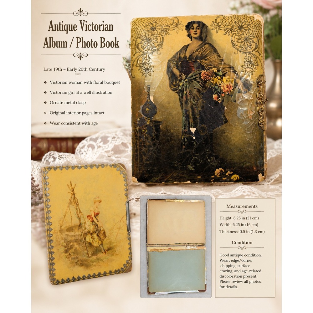 Antique Victorian Celluloid Photo Album Art Nouveau Lady Calling Card Book As Is